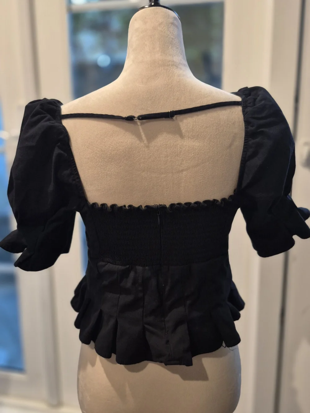 Reformation Black Square Neck Puff Sleeve Peplum Top